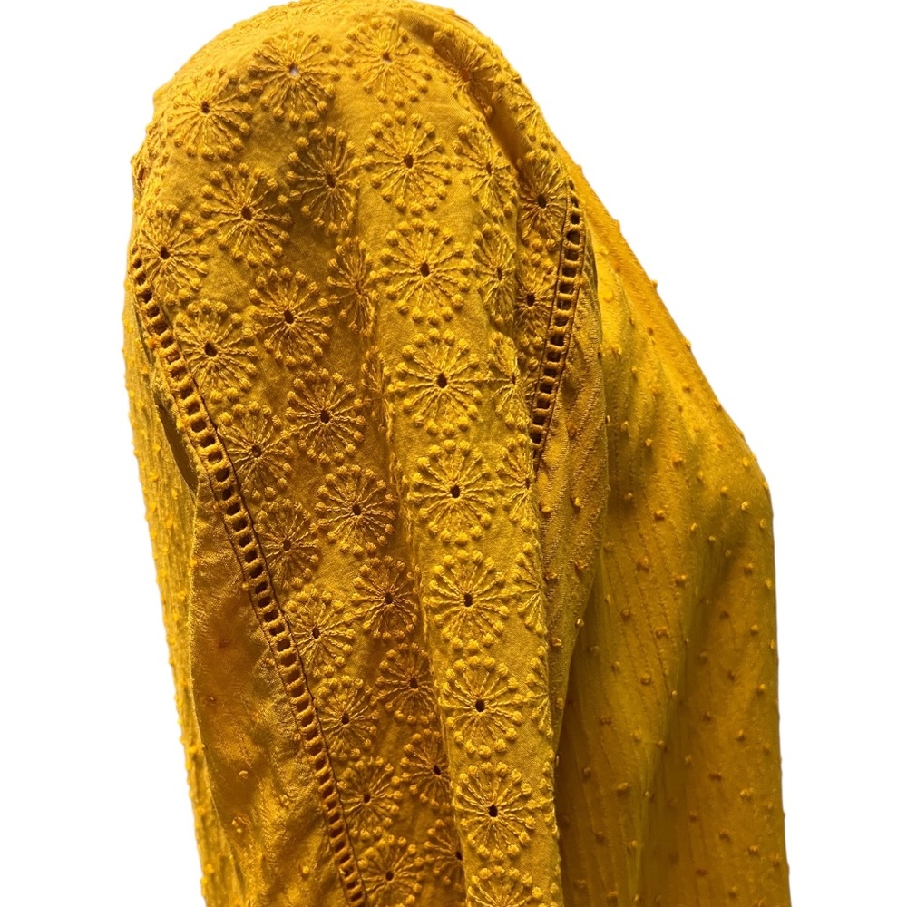 LOFT Aztec Gold Top Pullover Cutout Swiss Dot /Clip Dot Split Neck Long Sleeves - Picture 3 of 7